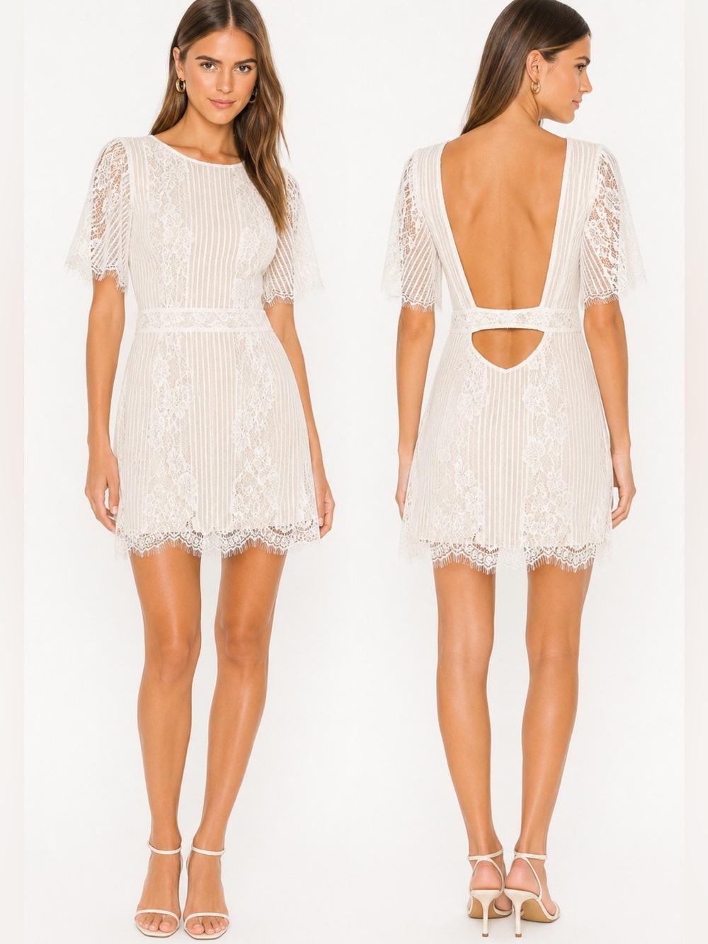 For Love & Lemons Ivory Lace Sheer Mini Dress with Open Back Size Small